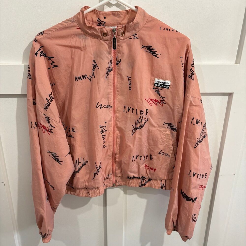 Adidas Originals RYV Allover Script Print Cropped Windbreaker Jacket Track Top - Picture 4 of 12